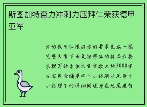 斯图加特奋力冲刺力压拜仁荣获德甲亚军